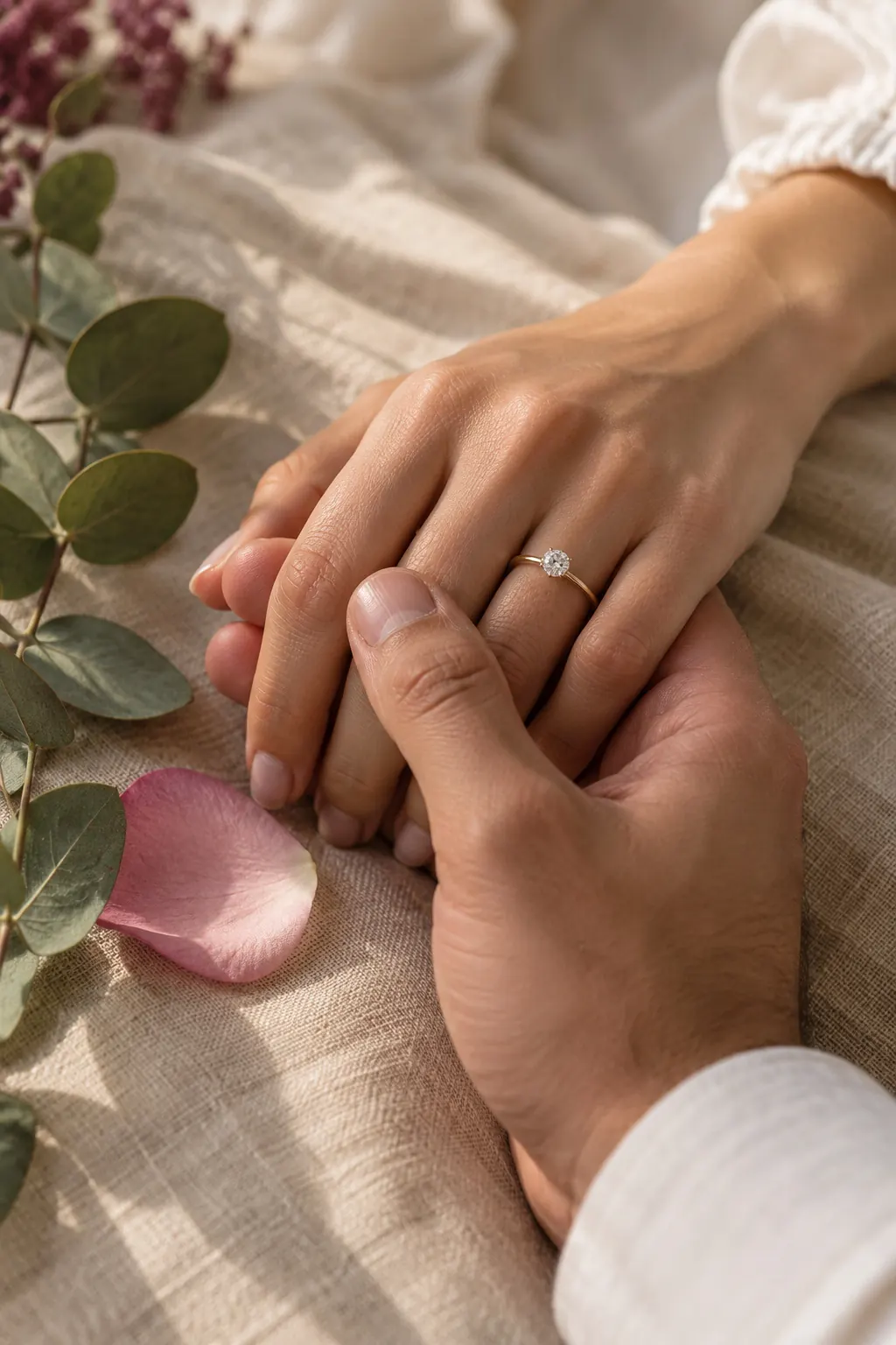 Mãos do casal entrelaçadas, com a aliança em destaque
